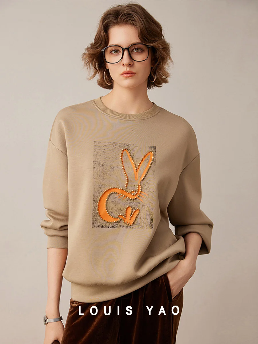 LOUIS YAO 2025 Autumn Color Blocked Printed Nail Bead Hoodie Relaxation Hoodie Head Dropped Shoulder Sleeve Women's Hoodie