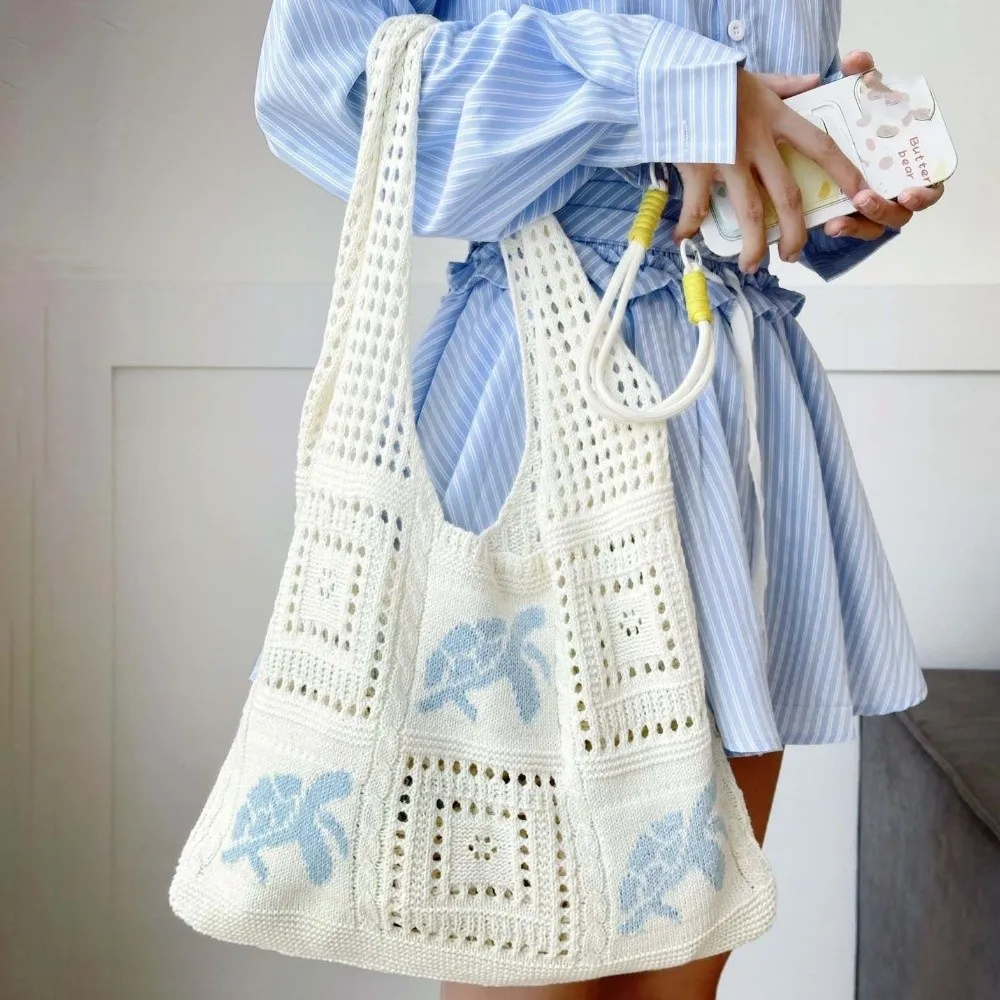 

Large Capacity Crochet Tote Bag Embroidered Korean Style Hollow Woven Bag Turtle Lightweight Knitting Handbag Spring