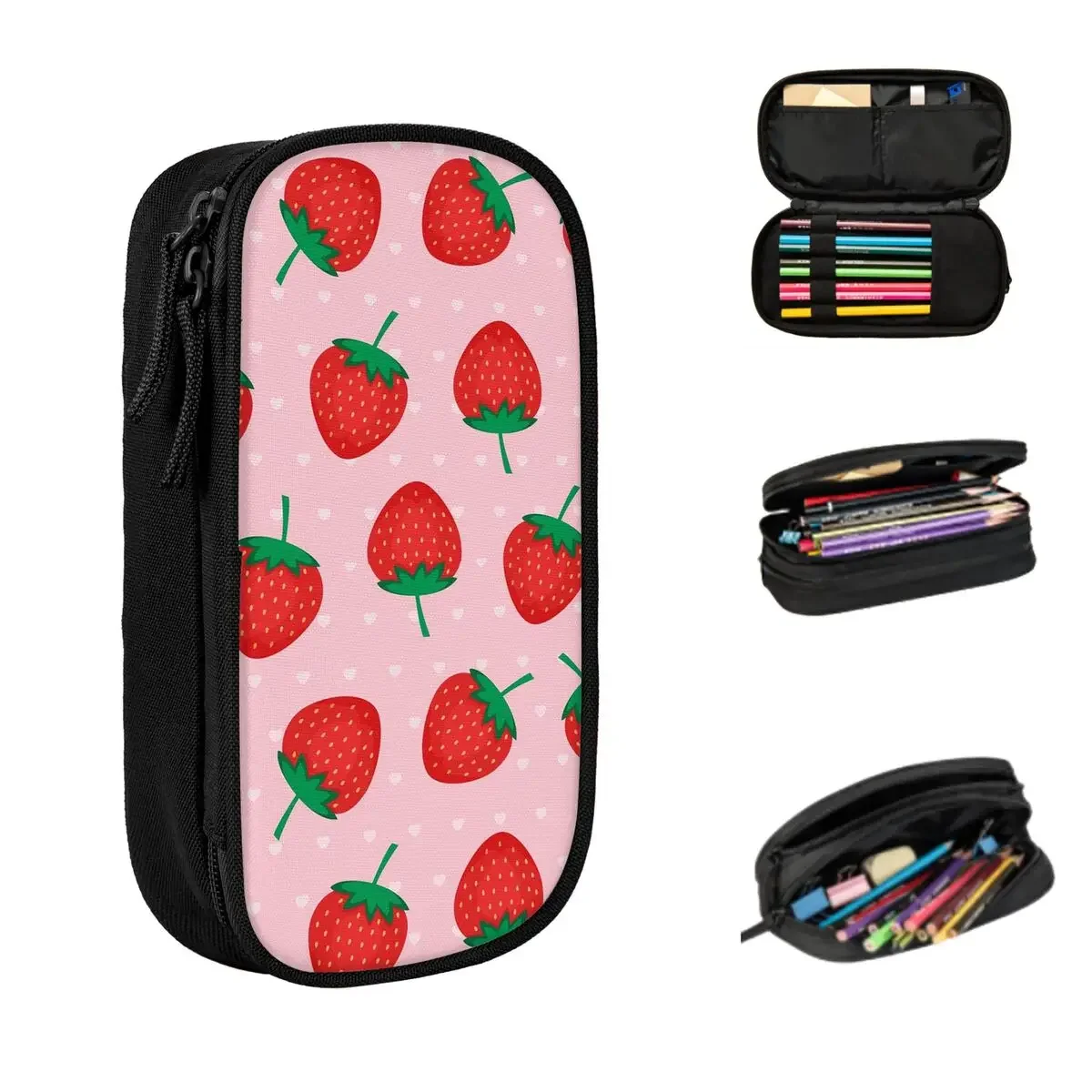 Pink Summer Strawberries Print Pencil Cases Large Storage Pen Bags Pen Box Pencil Pouch For Boys Girls Stationery School Office