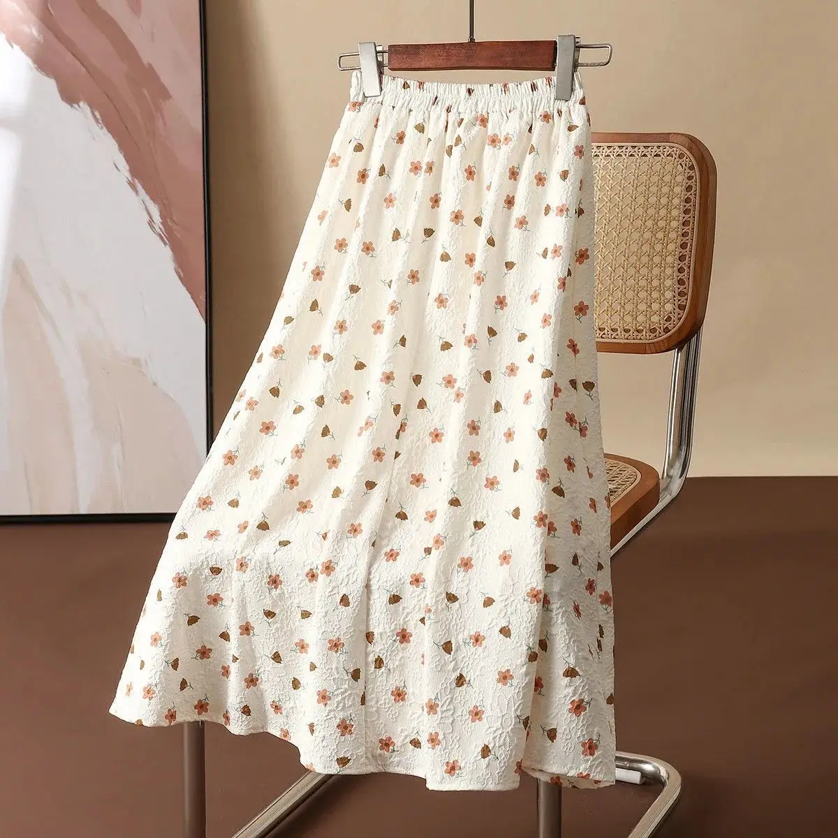 

2024 New Spring and Autumn Season Floral Polka Dot Skirt Versatile Casual Elastic Waist A-line Mid Length Skirt for Women P815