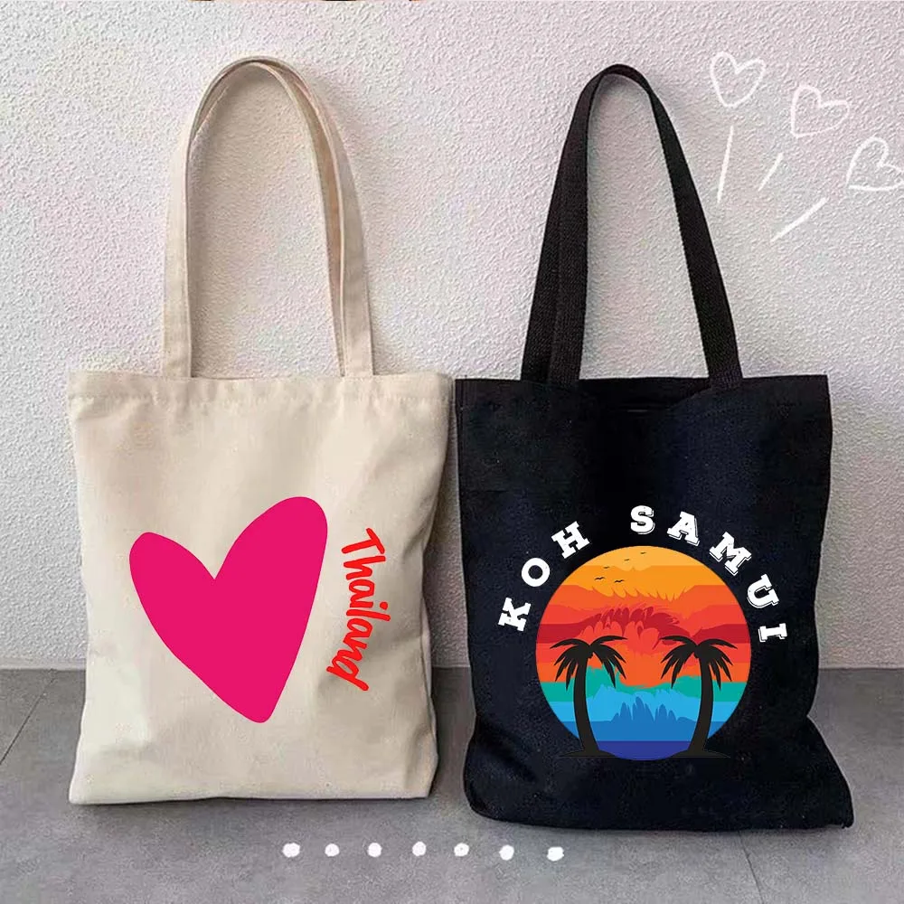 Retro Phuket Bangkok Thailand Flag Map Shoulder Canvas Tote Bag Tropics Elephant Koh Samui Beach Sunset Shopping Shopper Handbag