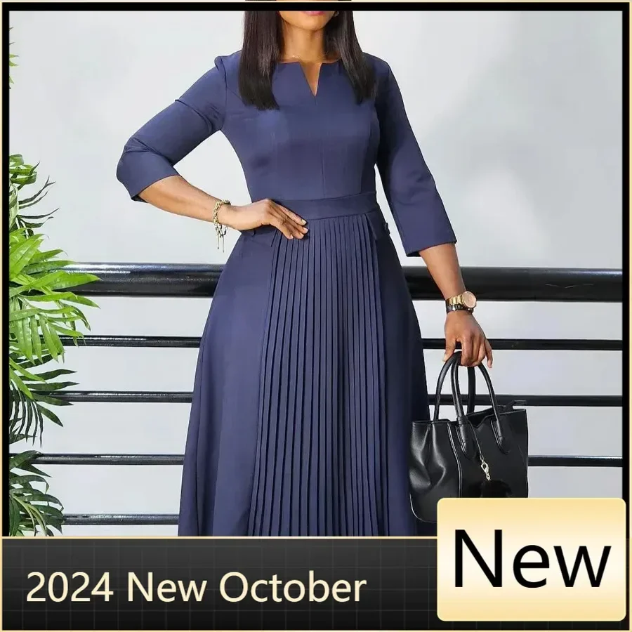 Elegant Church Dresses for Women Plisse A Line Modest Classy Pleated 3/4 Sleeves African Office Ladies Party Gowns Autumn New