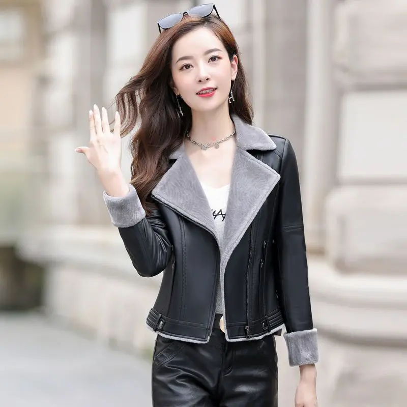 2023 Autumn Winter New Women Short Slim-Fit Leather Coat Fashion Fleece-Lined Warm Leather Jacket Temperament Leisure Outwear