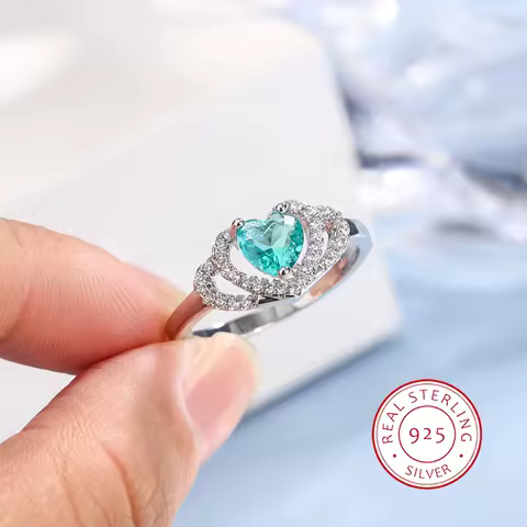 New Fashion Green Zircon Heart-shaped Ring for Women Luxury Shiny Crystal Zircon 925 Silver Ring Engagement Ring Jewelry