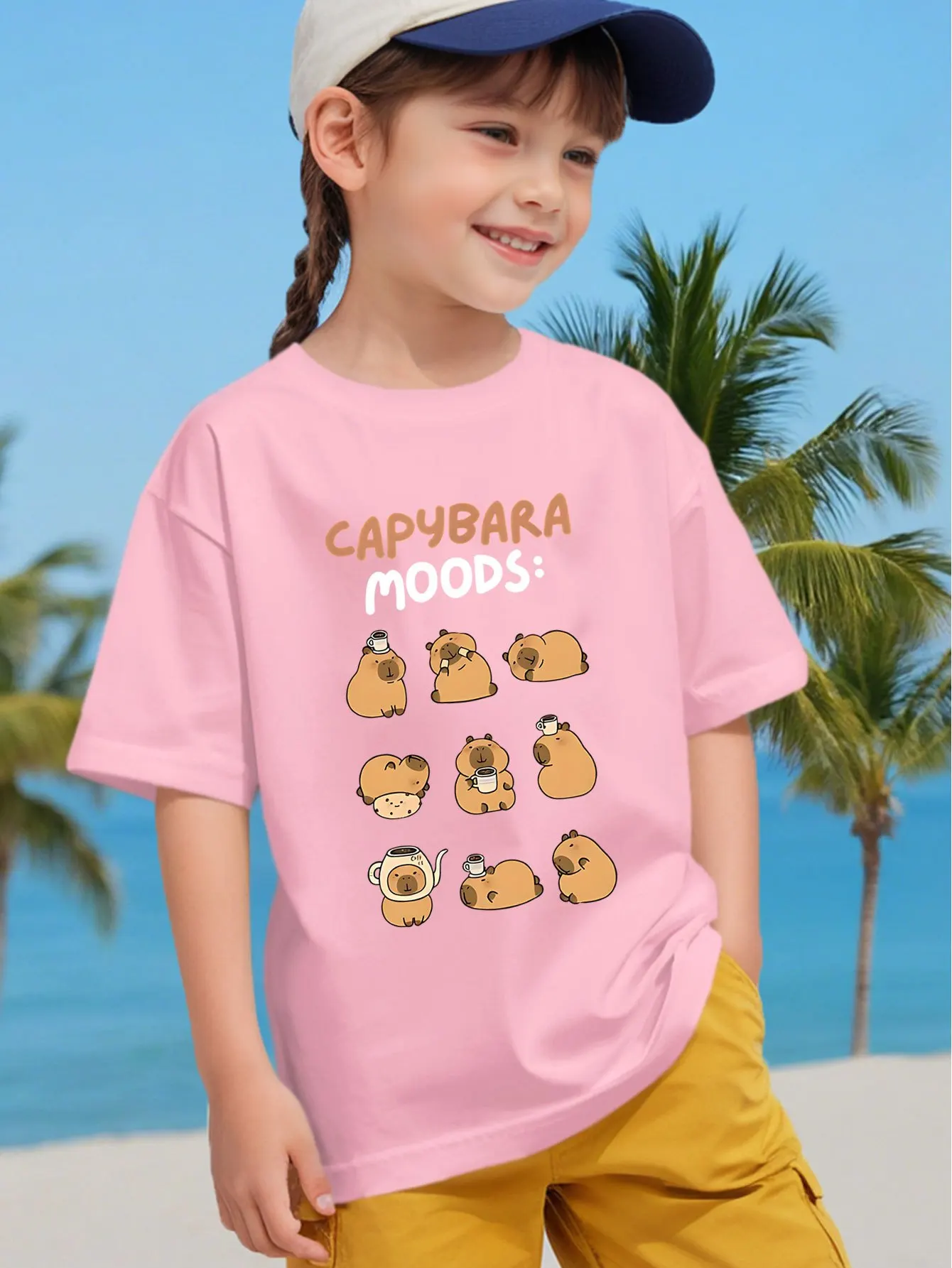 Capybara Moods Kids Tee Cute Animal Graphic Print Boys Girls Family Matching Cotton Summer Short Sleeve Basic Children Tshirt