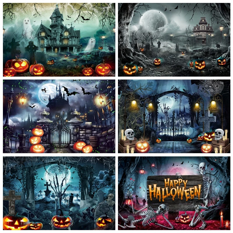 

Happy Halloween Backdrop Scary Castle Skeleton Moon Night Party Decor Backgrounds Baby Portrait Photographic Props Photo Studio