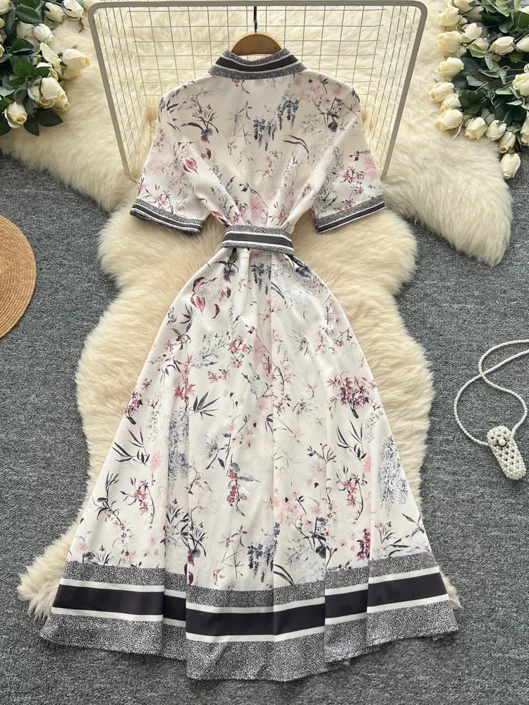 Vestido Largo de Verano para Mujer con Estampado Floral, Cintura Ajustable con Lazo, Manga Corta y Cuello Csero