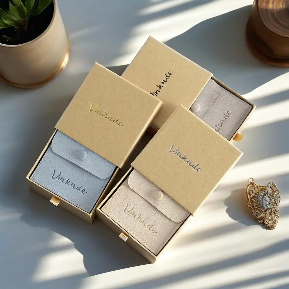 

Luxury Jewelry Boxes Cardboard Drawer Paper Packaging Box With Logo Microfiber Pouch Button Bag Personalized Wedding Gift Case