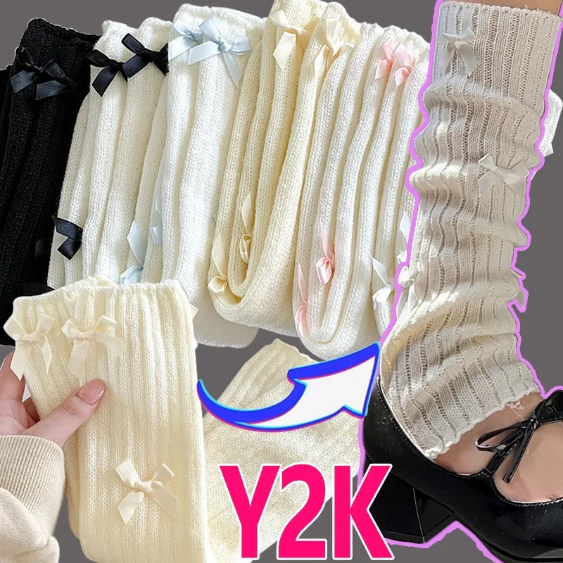 Fashion Y2k Socks Leggings Bowknot White Leg Warmers Girl Lolita Goth Hand Warmer Women's Japanese Knit Socks Legs Cover Cosplay