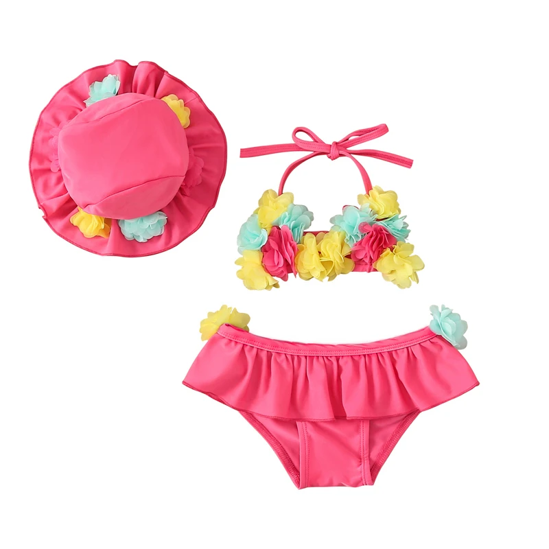 

Toddler Baby Girls Summer Swimwear Floral 3Pcs Bikini Set Infant Kids Bathing Swimsuit Tops+Panties+Sun Protection Cap