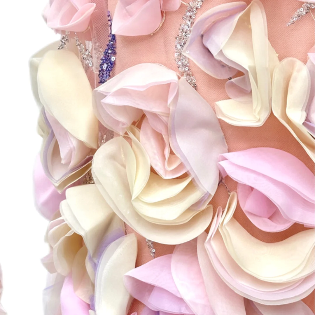 

New Arrival French Chiffon Tulle Color Block Appliqué Nigerian 3D Large Floral Sequined Beaded Lace Fabric Party Gown Making
