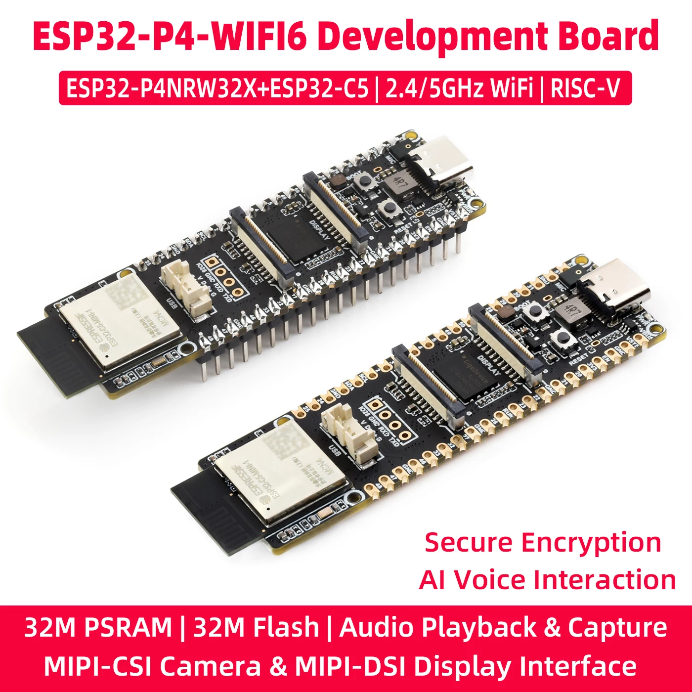 ESP32-P4-C5 2.4G & 5G WiFi 6 Dual-Core Development Board 32M PSRAM Flash Audio Capture Secure Encryption AI Voice Interaction