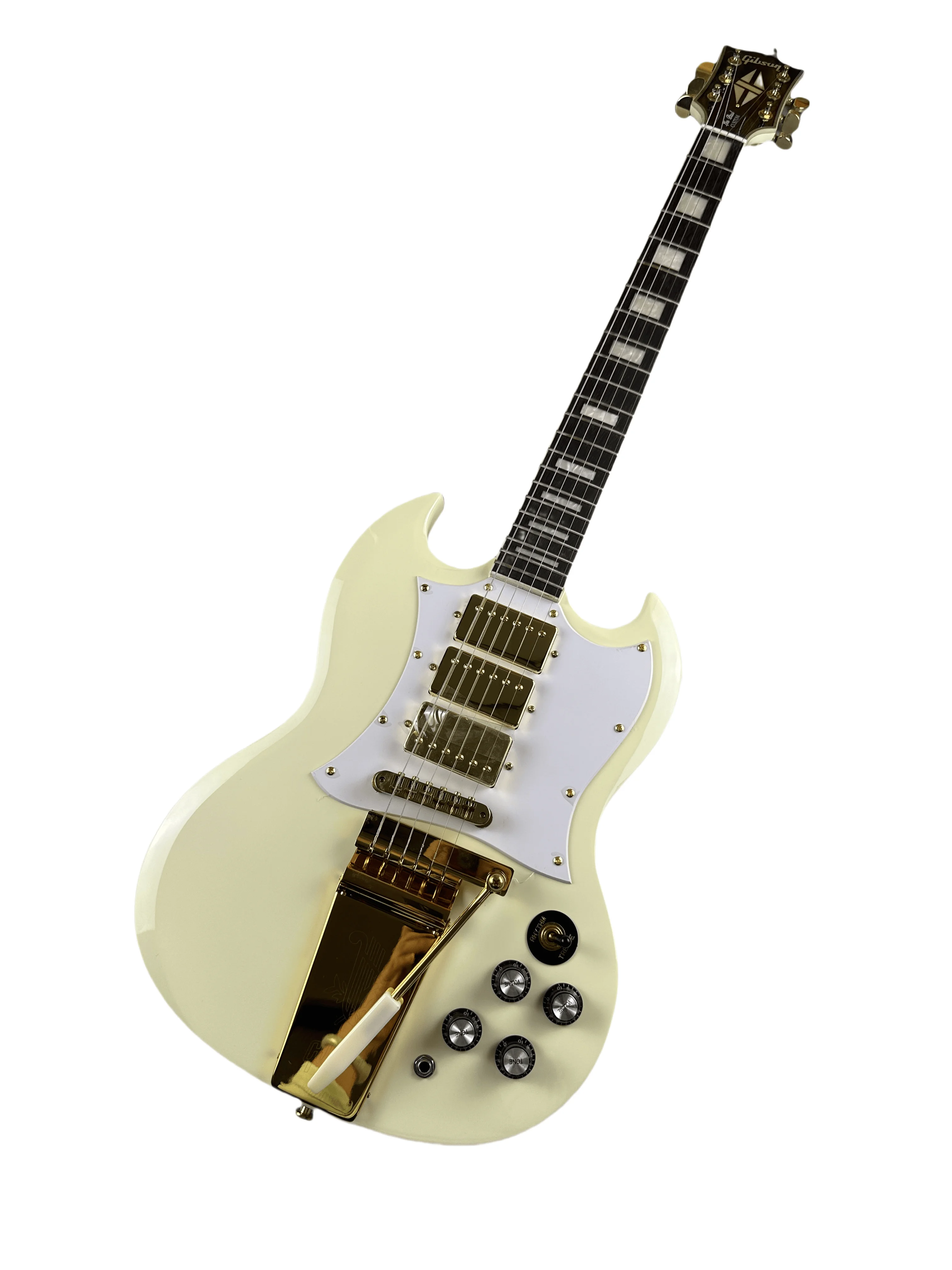 Customized electric guitar, SG electric guitar, cream white, gold vibrato, in stock, lightning package