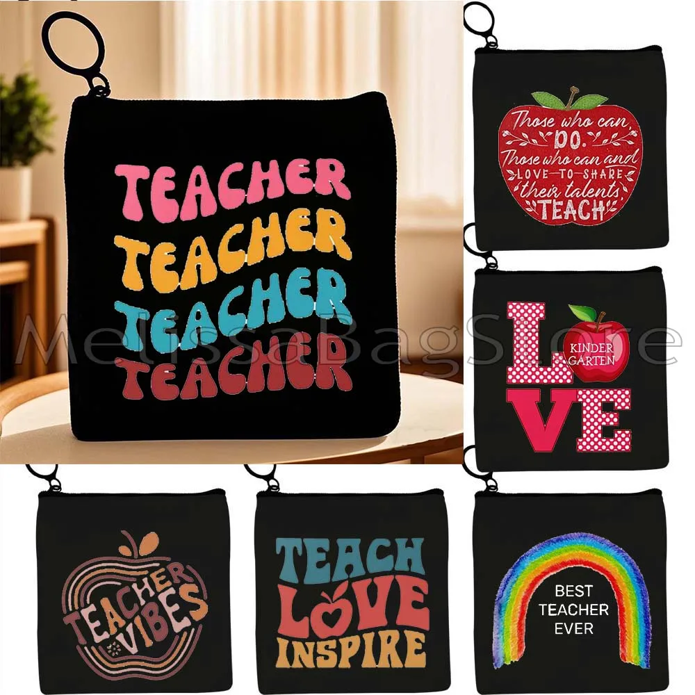 Cute Best Teacher Ever Modern Flower Butterfly Apple Boho Rainbow School Teacher Gifts Canvas Key Coin Purse Cute Bag Wallet