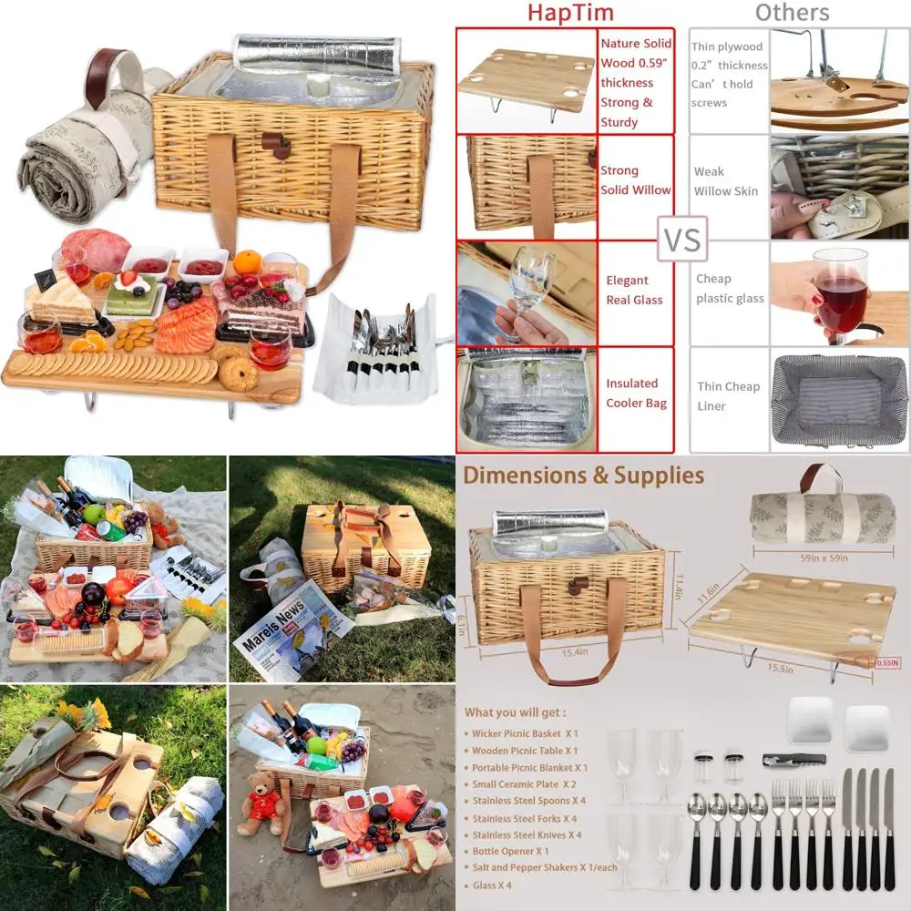 Hap Tim Wicker Picnic Basket for 4 with Mini Folding Wine Picnic Table & Large Insulated Cooler Bag & Cutlery Service Kits for 4