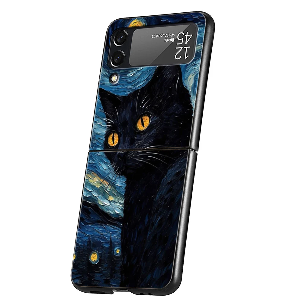 Cute Detection Cat Hard PC Phone Case For Samsung Galaxy Z Flip 6 5 4 Black Cover For Galaxy Z Flip 3 Foldable Shockproof Cases