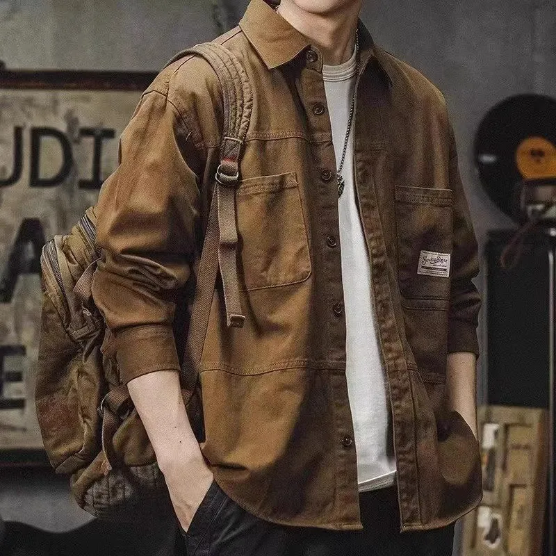 American Sle Vintage Wear-Resistant Long Sve irt Men's Spring Autumn Casual Loose Fit Workwear Classic Collar Coat