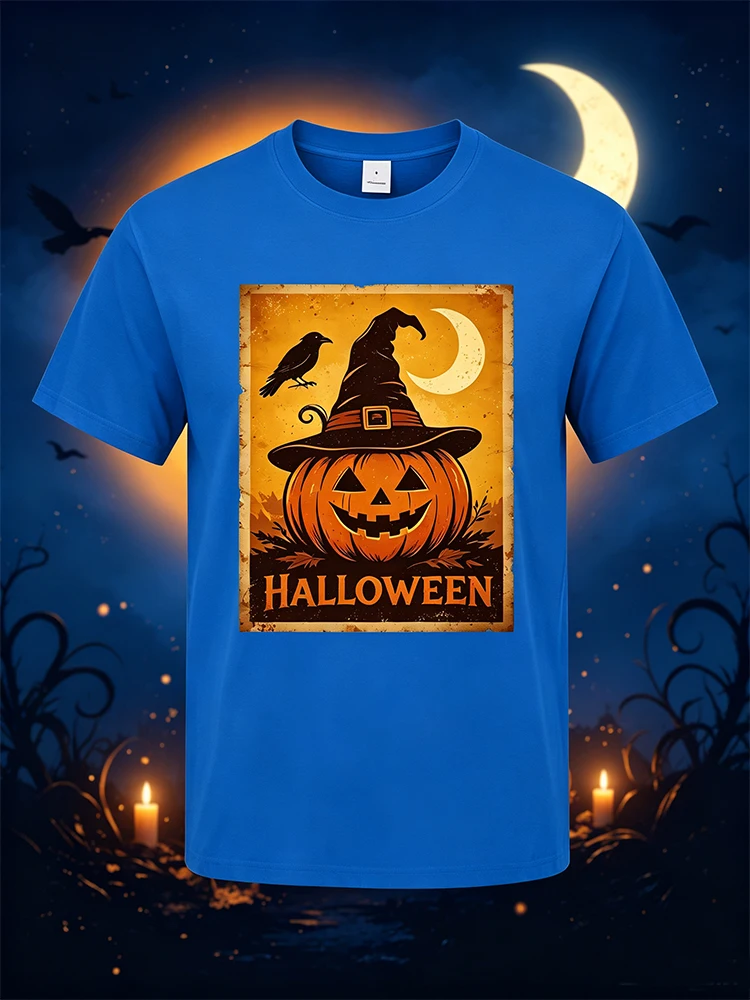 Unisex Vintage Halloween T‑Shirt Retro Poster Pumpkin Witch Hat Crow Crescent Moon Graphic Print Crew Neck Short Sleeve T-shirt Multi‑Colors Holiday Party Casual Tee
