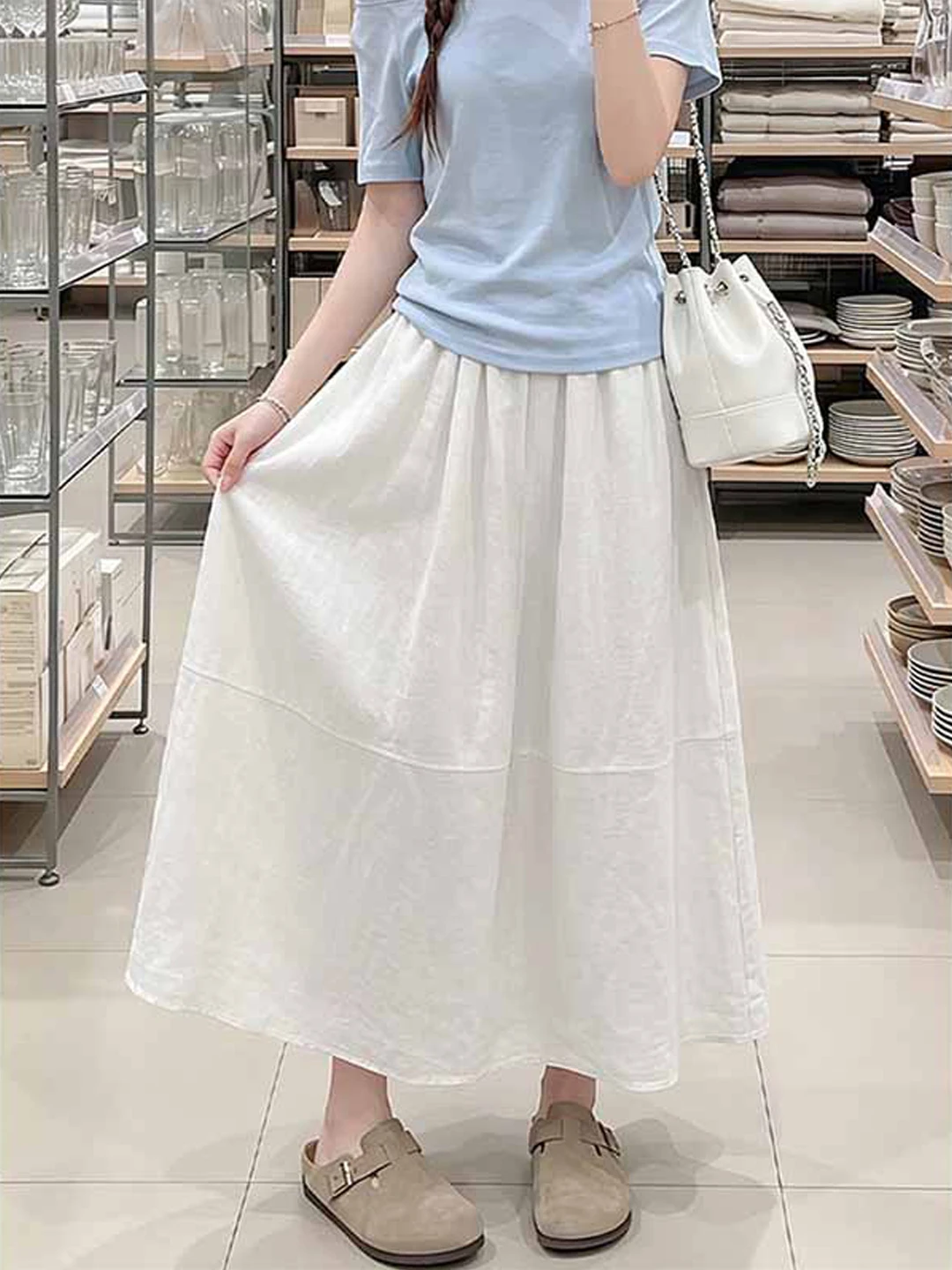 White A-Line  Dress Women's High Waist Draped Loose Belly Covering Slimming Long Skirt Spring Autumn New Arrival