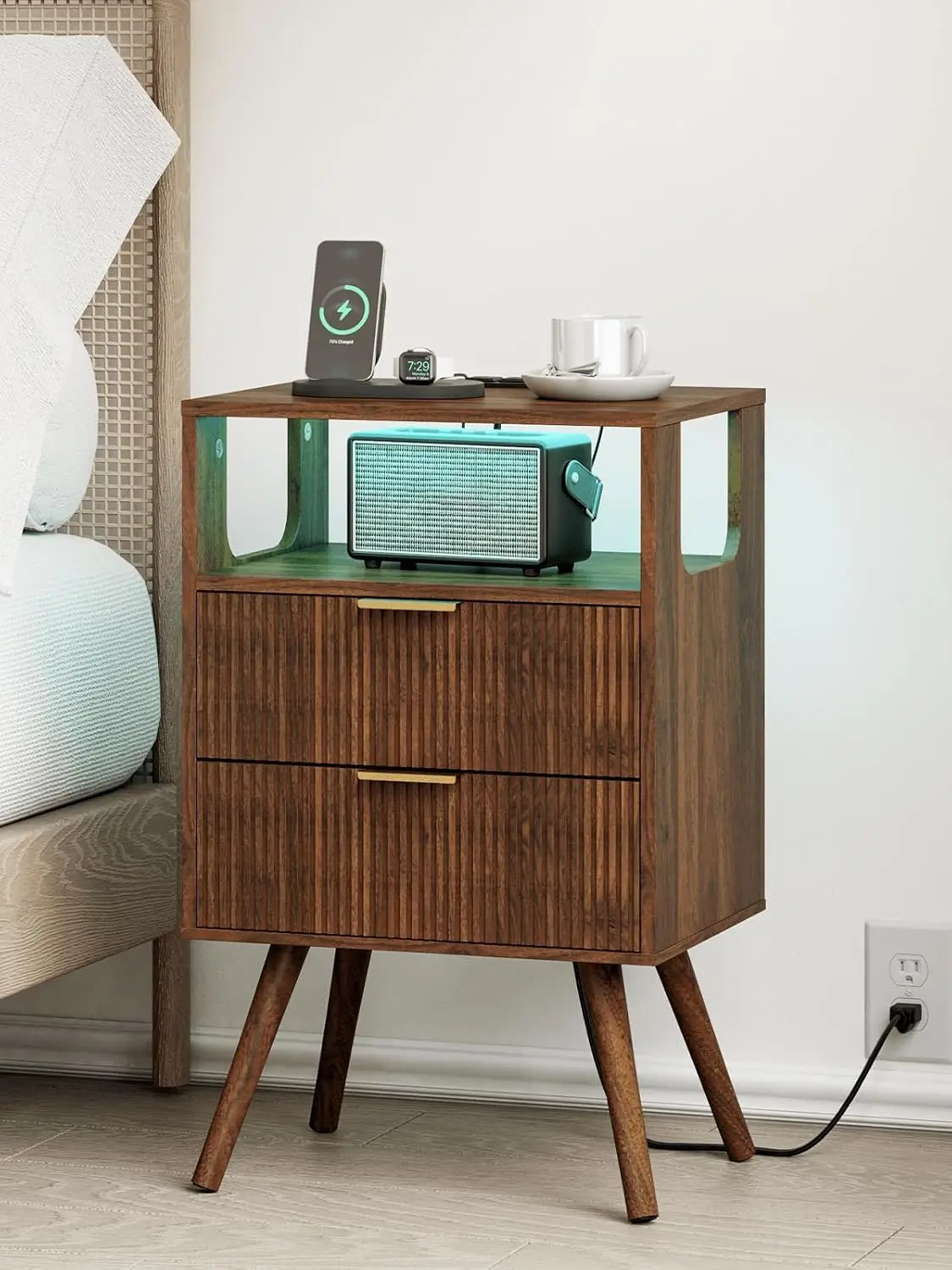 

Modern Nightstand with Charging Station and LED Lights, 2 Drawer Storage, Solid Wood Legs