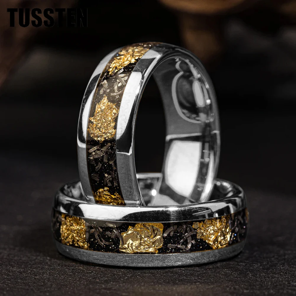 TUSSTEN 4/6/8MM Dome Edges Mens Womens Fashion Engagement Wedding Band Meteorite Gold Foil Inlay Tungsten Carbide Rings