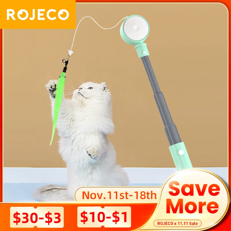 

ROJECO Cat Toy Laser Retractable Cat Teaser Wand With Feather Caterpillar Interactive Fun Toy For Kitten Cat Dog Pet Accessories