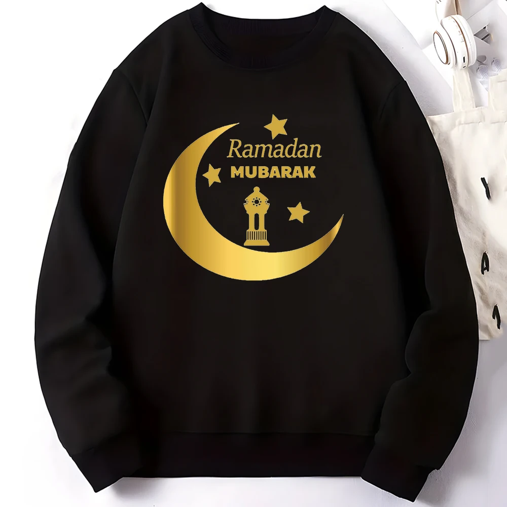 Ramadan Mubarak Moon Print Crew Neck Sweatshirt Women Long Sleeves Pullover Casual Sports Sweatshirt Islamic Gift for Her