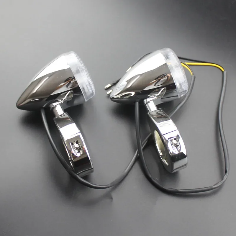 Custom Pair Front LED Turn Signal Light Indicator Chrome 39mm Fork Clamp Motorcycle For Harley Honda Yamaha Suzuki Kawasaki