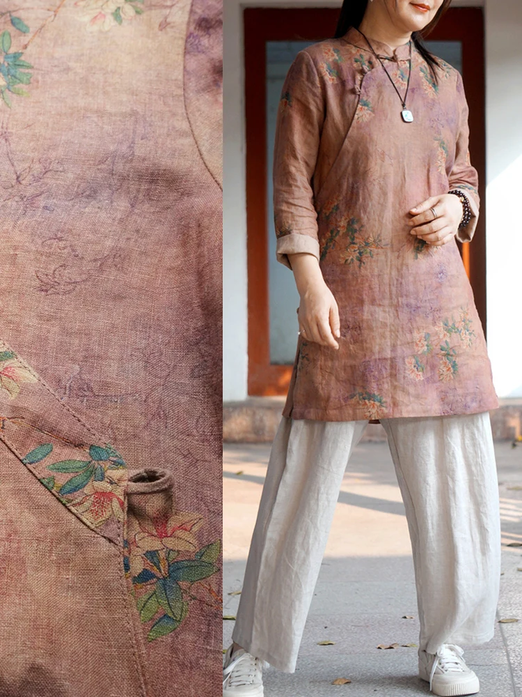 

Artistic Chinese Sle Long Sve Pink Floral Print Linen Qipao Dr Daily Life Retro Leather Trim Original Design by Caoyu...