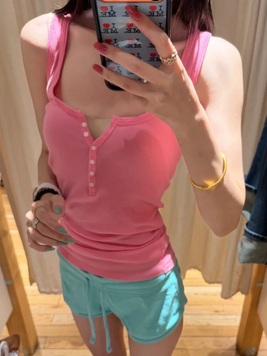 Peachy Pink Basic Slim Tank Tops Woman Summer U Collar Sleeveless Cotton Camisole Female Solid All-match Buttons Tops Y2k Vest
