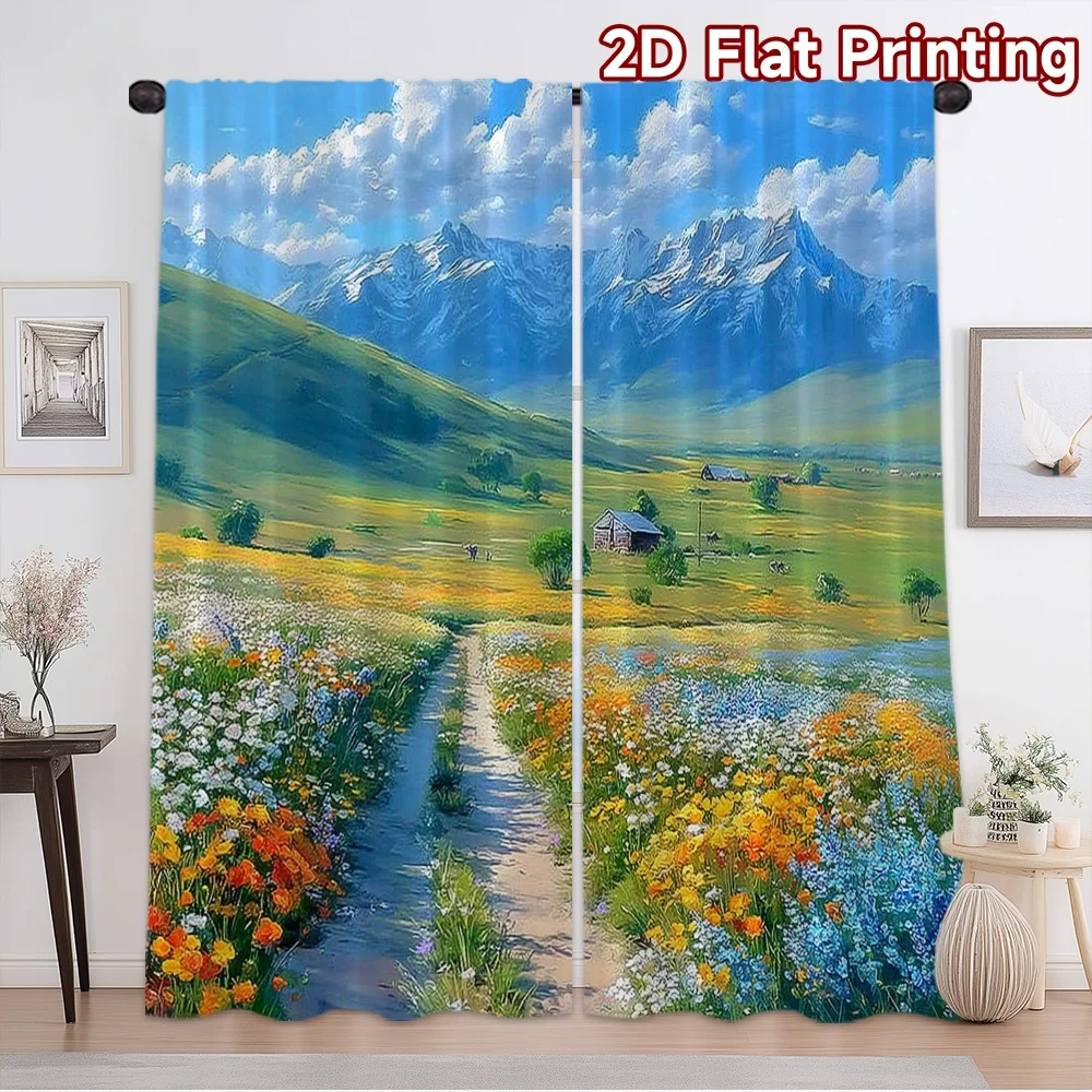 2D flat printing 2pcs Curtain Curtains Mountain Meadow Path Digital Printed Polyester Drapes Family Party for Photo Booths