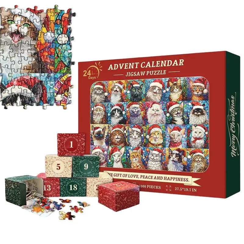 Happy Christmas Cats Advent Jigsaw Puzzle Countdown Calendar 24 Days 1000pcs Game Jigsaw Puzzle Educational Toy Jigsaw Puzzle