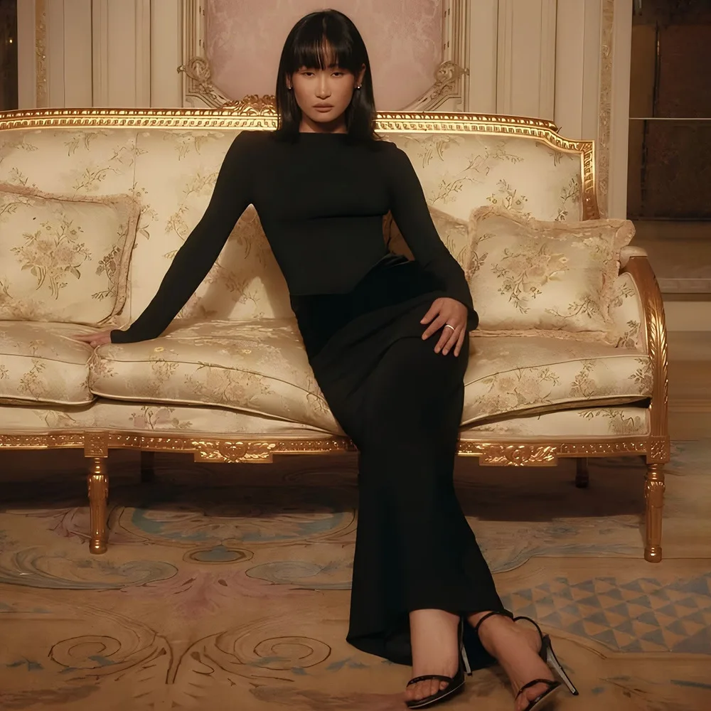 Sukienki wiosenno-jesienne dla kobiet, dopasowane sukienki maxi z długim rękawem, golfem, marszczeniami, eleganckie sukienki koktajlowe, na wesele, dla gości weselnych.