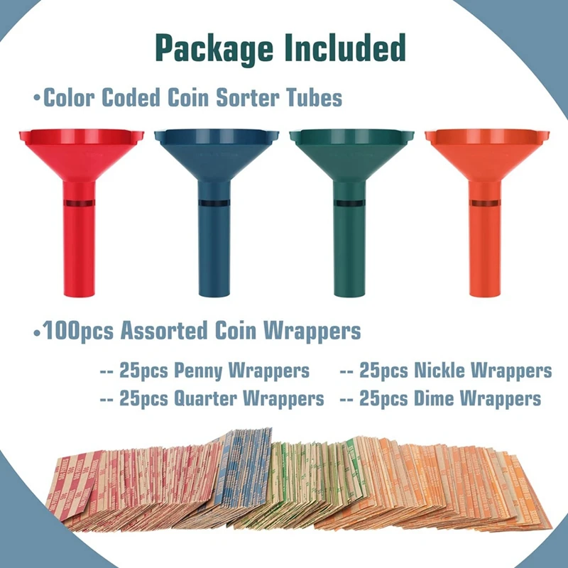 Coin Counter Coin Wrappers Coin Sorter Tubes Set Of 4 With Coin Wrappers Assorted 100Pcs For Quarter, Dime, Nickel And Penny