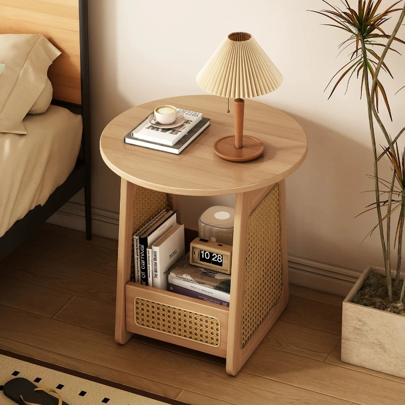 MidCentury Round Rattan Side Table Movable Nightstand Storage Shelf Minimalist End Cabinet Living Room Side Table with Drawer