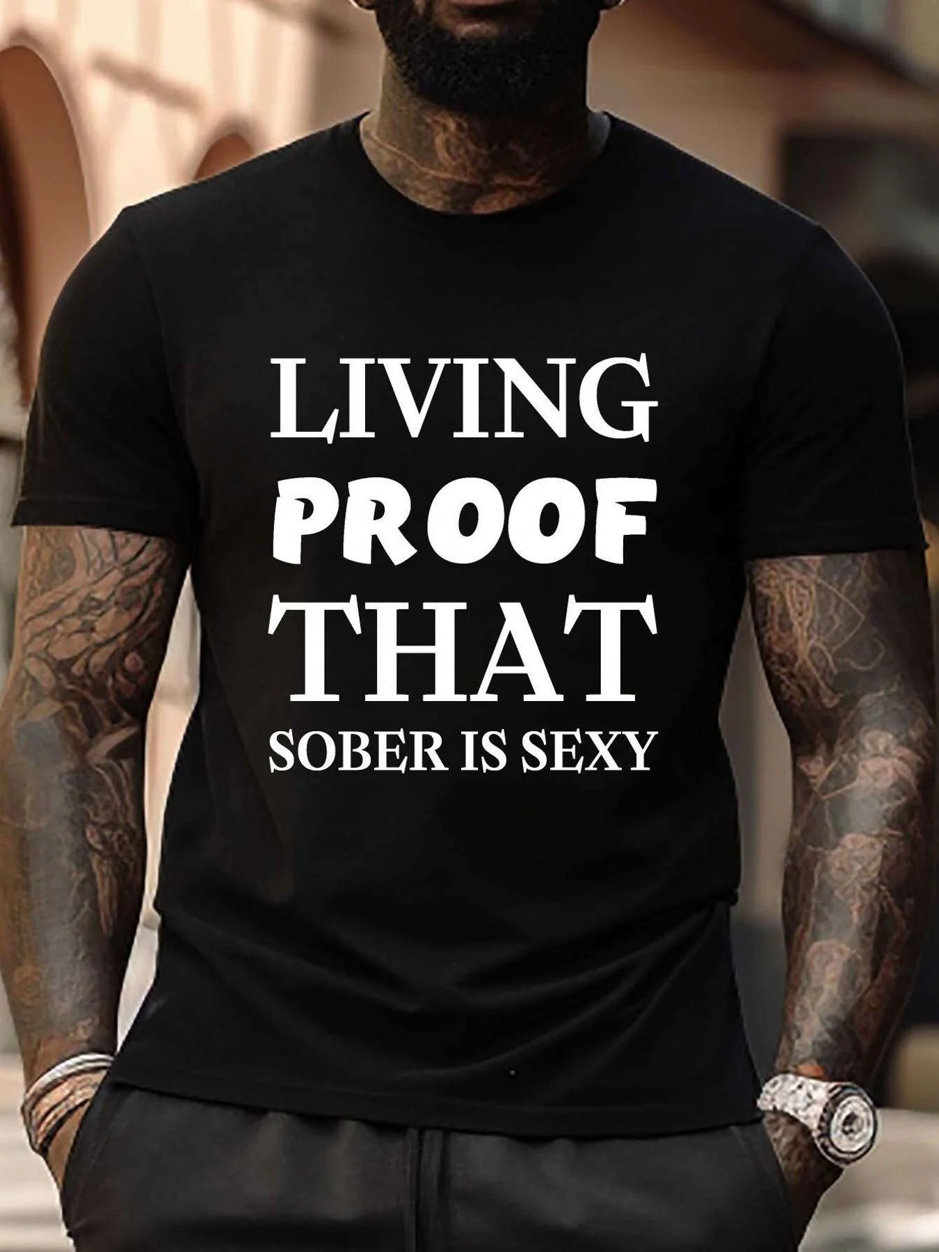 Men's Sober Awareness T-Shirt: Proving That Sobriety Is Attractive. This Black T-Shirt Features White Text, Is Soft and Breathable, and Has a Loose Fit with a Round Neck. Perfect for Rehabilitation, Fitness, and Leisure Outings.