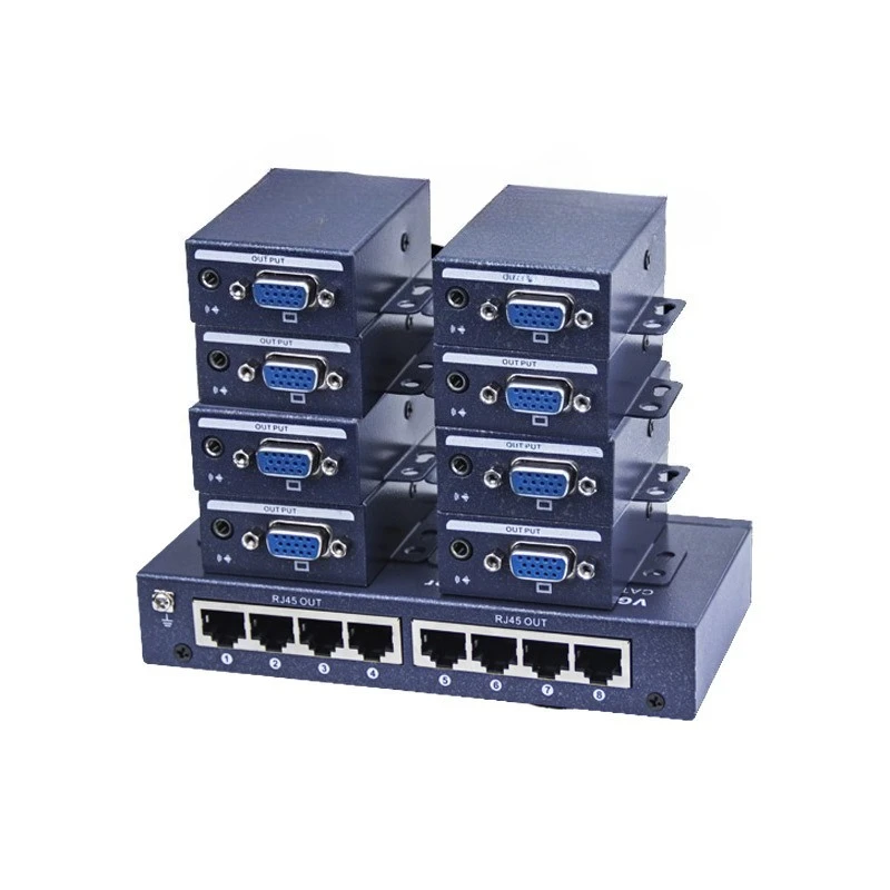 Transmisor expansor de audio y video VGA de 8 puertos en accesorio metálico de audio, divisor 1x8 de 350MHz 1600x1200