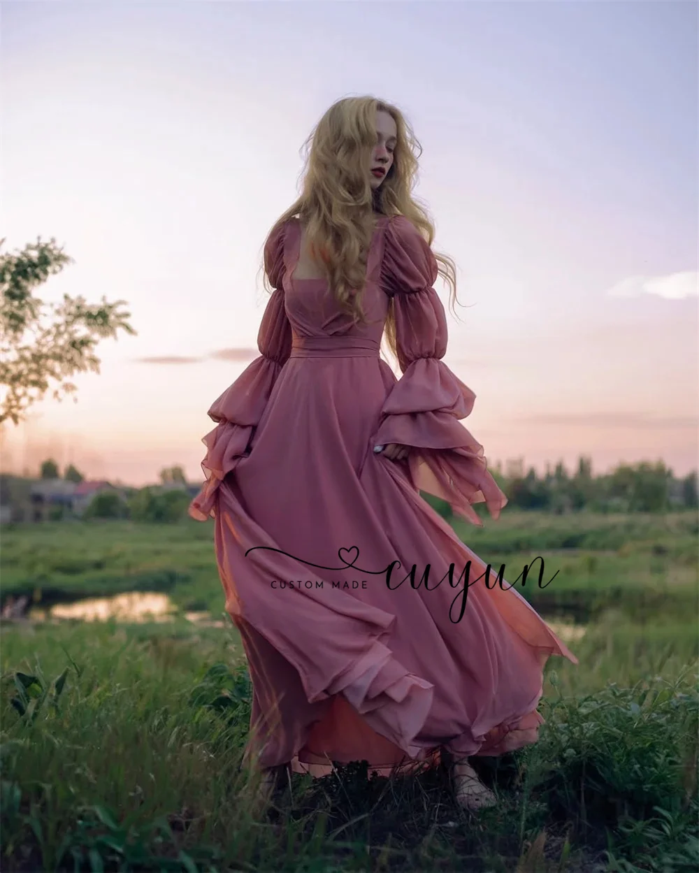 CUYUN Aangepaste Franse lange galajurken Elegante chiffon vierkante kraag lange mouwen meisjes avondfeestjurk formeel evenement