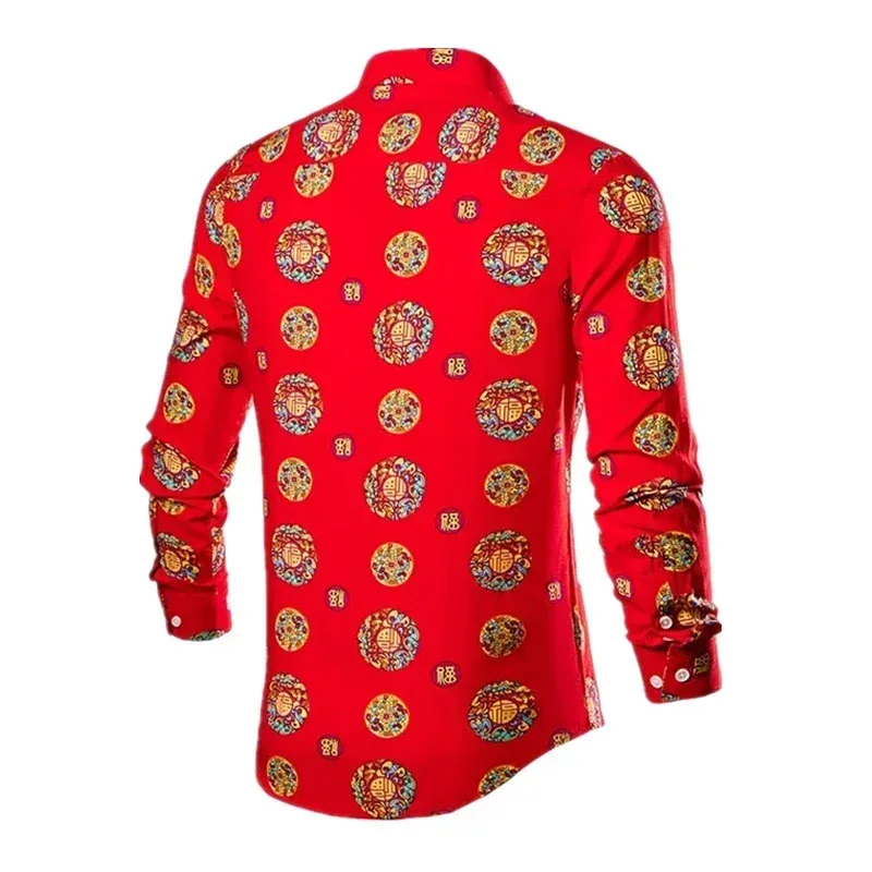 2025 New Men's Printed Long Sleeve Shirt, Single Breasted Lapel Shirt, Green, Black, White, Casual Shirt Asia Size S-5XL