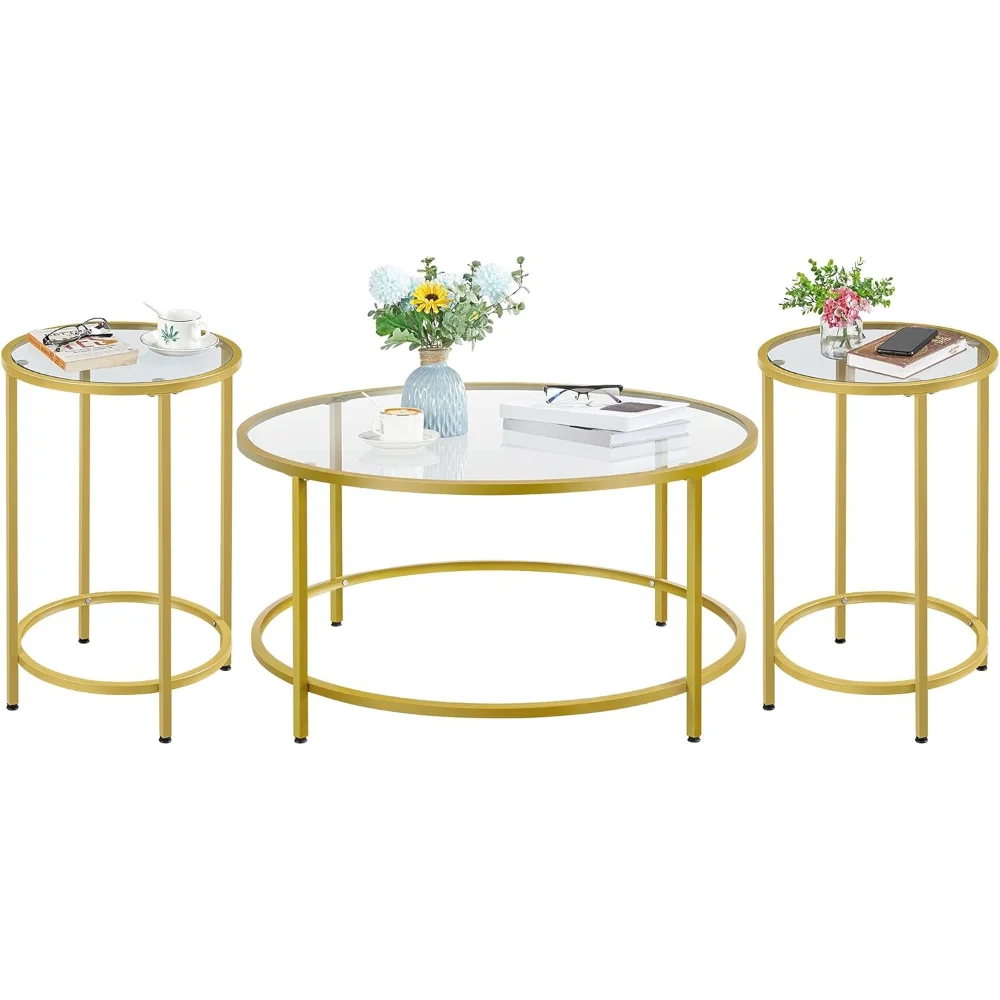 

3-Piece RoundCoffeeTable Set - 1 Coffee Table + 2 AccentEndTableswithGlassTop & Reinforced Frame, Easy Assembly for Small Spaces