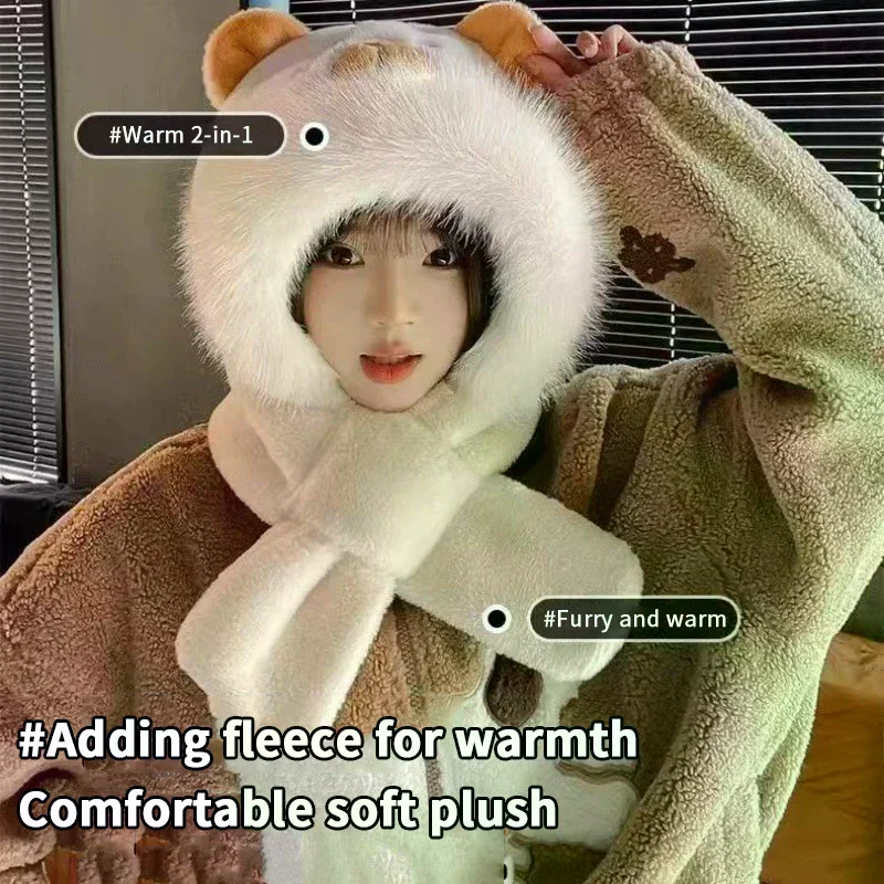 العصرية لطيف الكرتون كابيبارا قبعة وشاح الشتاء الدافئة وشاح قبعة للنساء الفتيات Kawaii الأذن حماية لينة فروي وشاح قبعة الهدايا