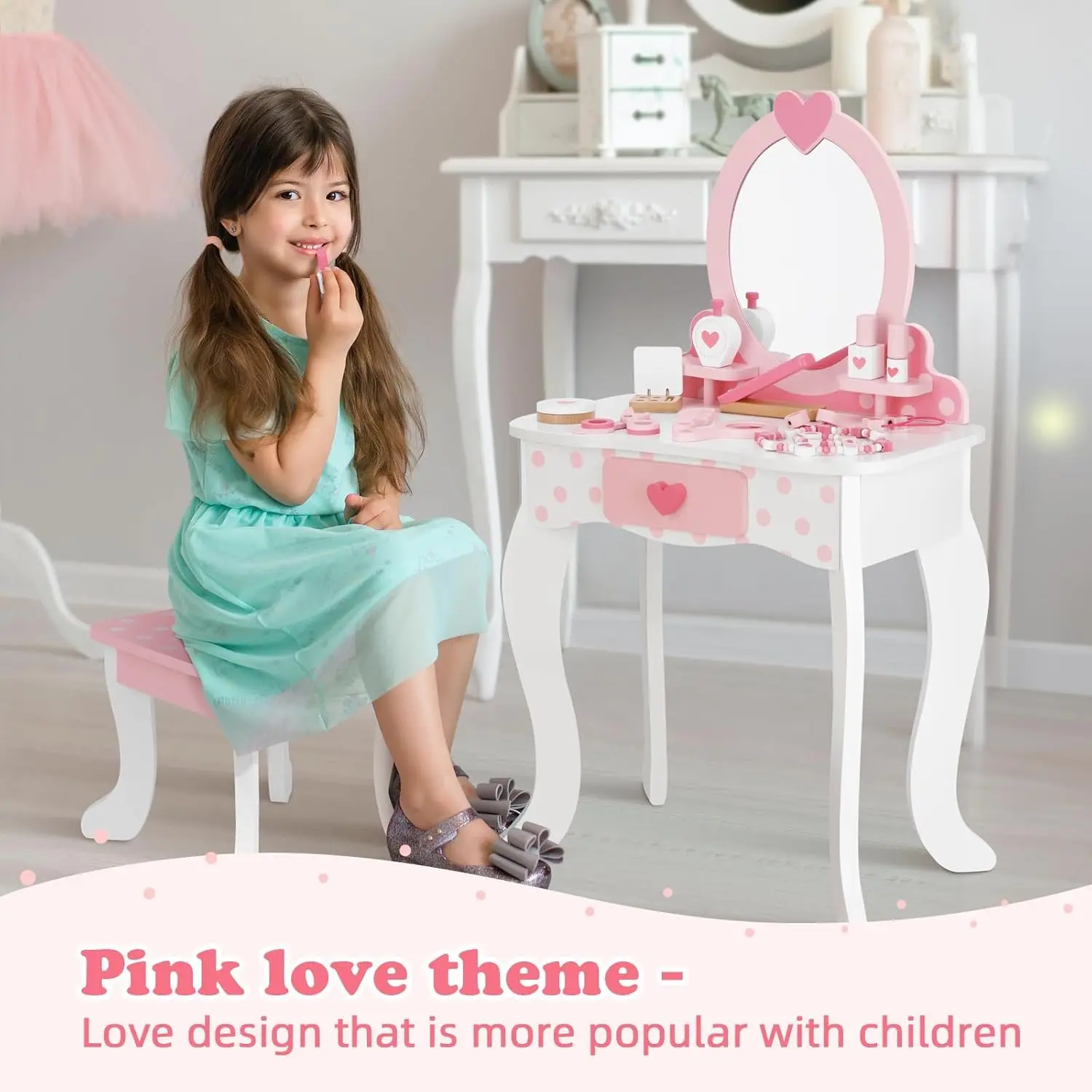 Pink Kids Vanity Set with Mirror, Table, Chair & 15 Makeup Accessories - Storage Drawer Included