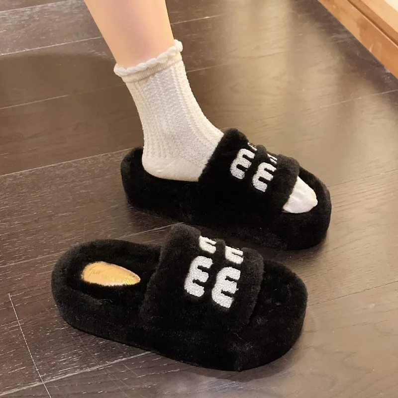 New Woman Furry Ladies Fur Luxury Fluffy Plush Slipper House Soft Platform Indoor Casual Winter Home Warm Plush Women's Slippers