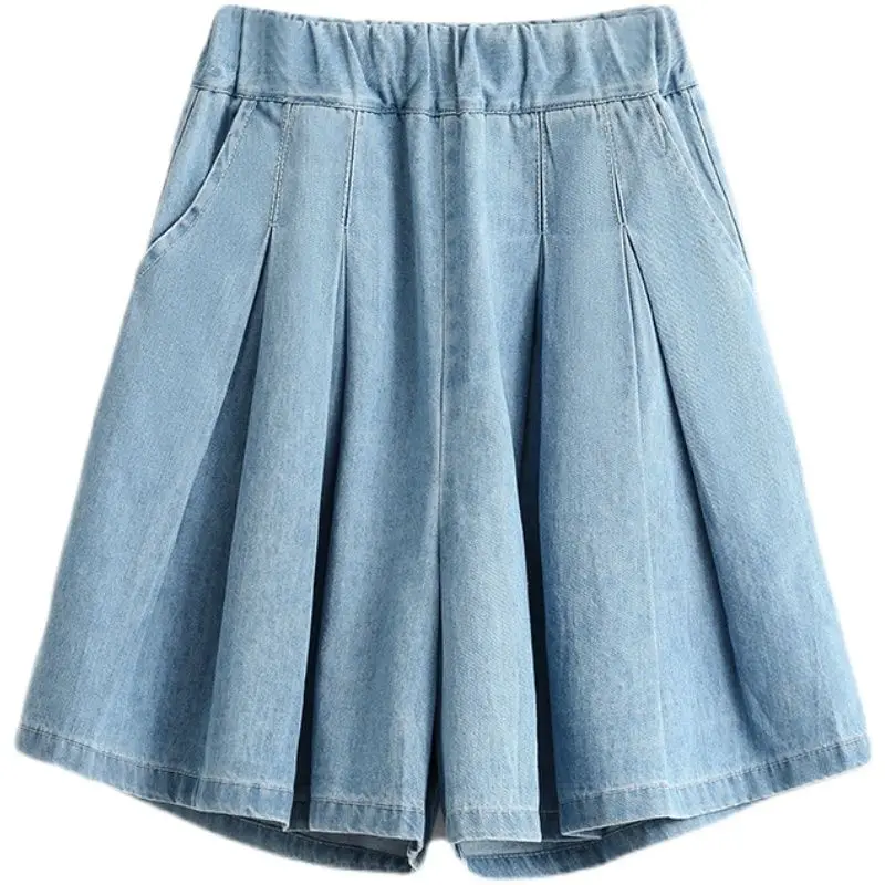 Shorts de Denim Casuais Versáteis para Mulheres, Novo Verão, Design Plissado de Cintura Alta, Cor Sólida, Pernas Largas