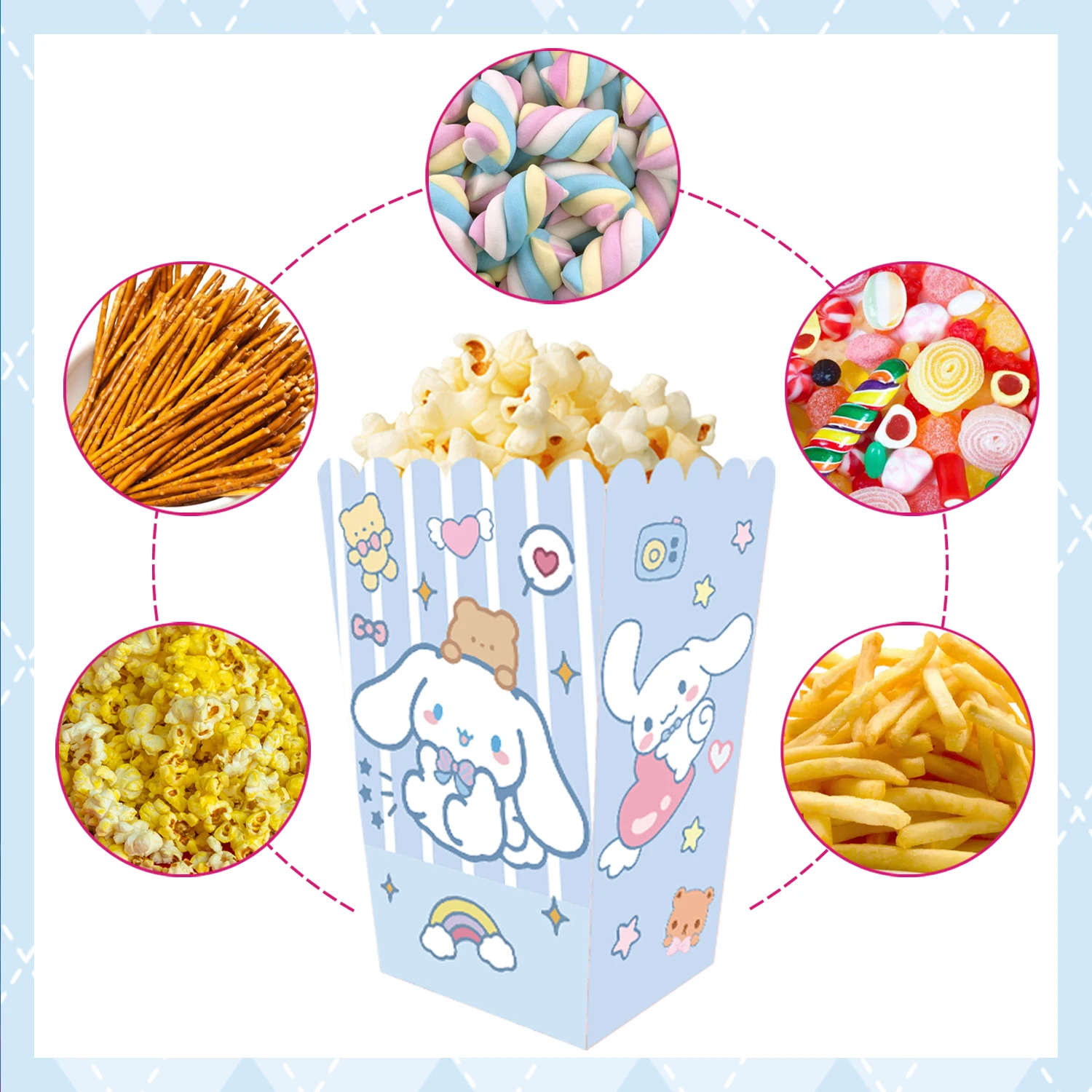 12/24 قطعة لوازم الحفلات سينامورول صندوق الفشار حمام الطفل صندوق البسكويت حفلة مرحبا كيتي موضوع حفلة عيد ميلاد عبوة طعام