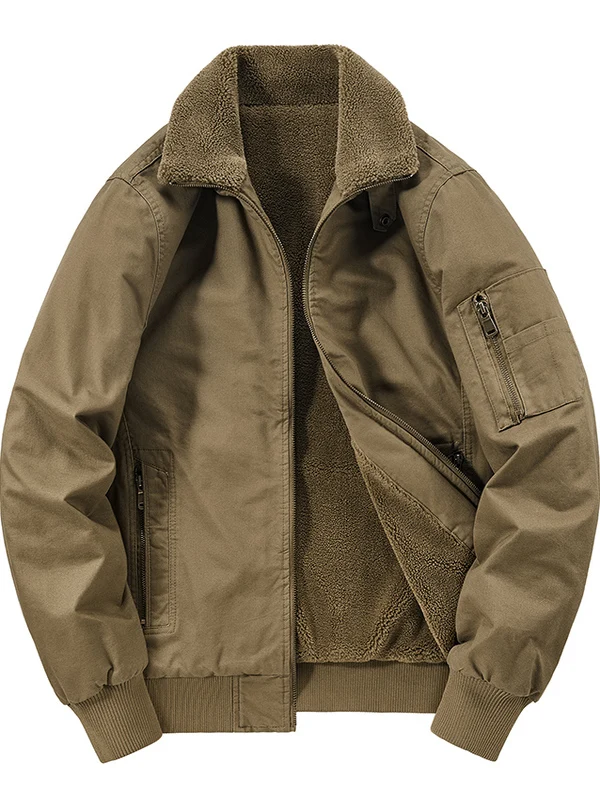 

Thiened Fce Lined Jaet Men's Casual Flight Sle Cotton Workwear Coat Warm Pure Color Loose Fit Long Sve Faion Urban