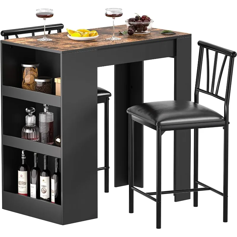 Small Bar Table and Chairs Tall Kitchen Breakfast Nook with Stools/Dining Set for 2, Storage Shelves, Space-Saving, Retro