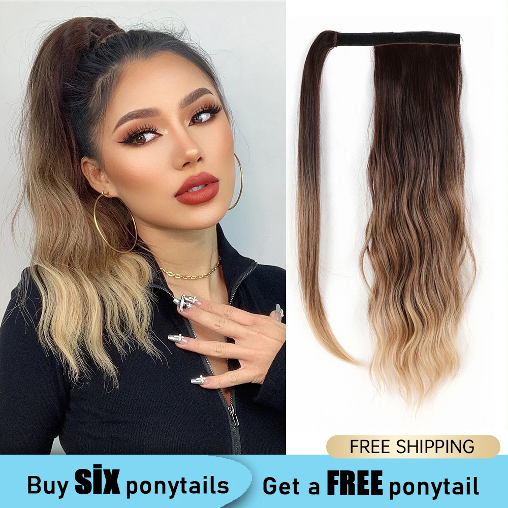 LOUIS FERRE 16 Inches Long Natural Wave Ponytail Extension Hair Wig Ombre Honey Brown Blonde Synthetic Wrap Around Clip Ponytail