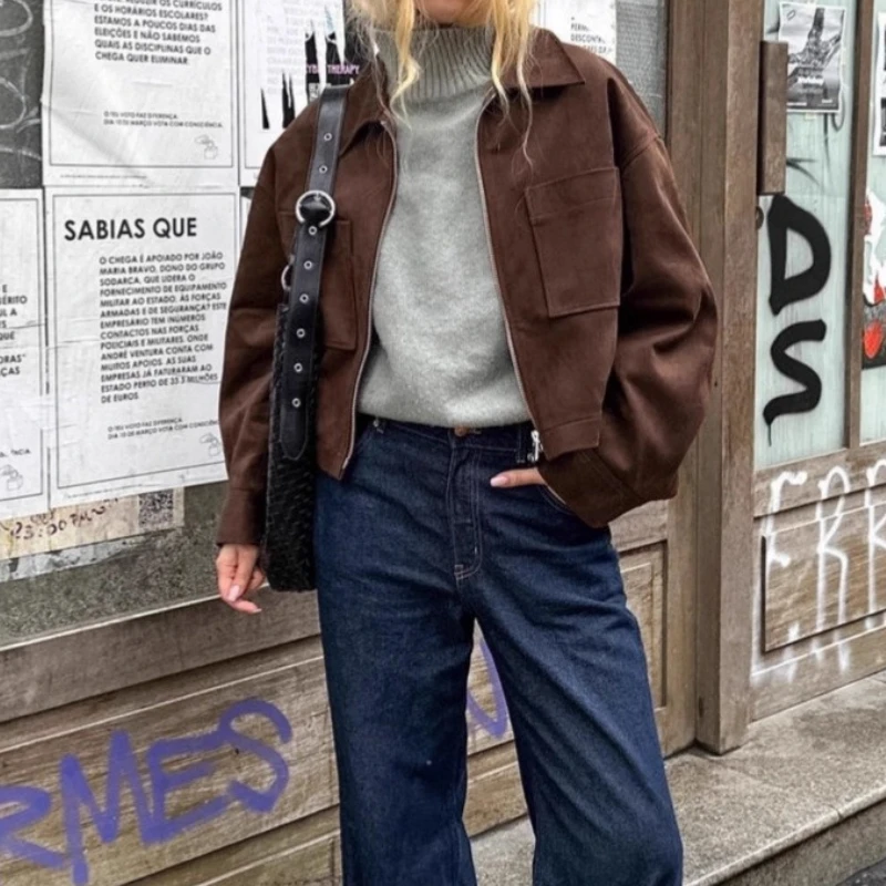 

Autumn and Winter New Long Sleeve Suede Jacket Brown 2025 New Small Suit Zipper Top Jacket Women's Clothing