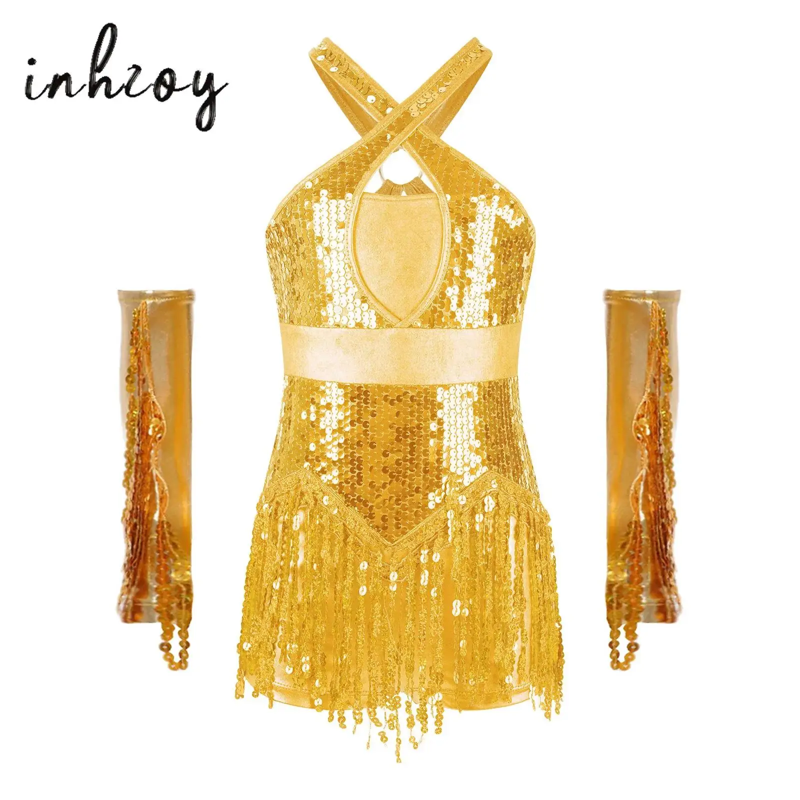 Kids Girls Latin Cha-Cha Dance Performance Costume Cross Front Cutout Back Sparkly Sequins Tassel Leotard with Gloves Outfit